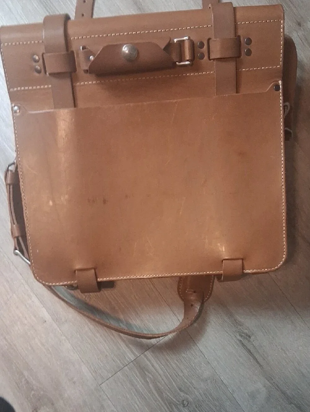 Men's Tan Leather Messenger Bag with Buckle Strap
